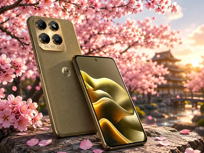 Смартфон Motorola Edge (2026) у золотистому кольорі на тлі квітучої сакури та японського саду, демонстрація нового дизайну корпусу та камери Sony LYTIA з телеоб'єктивом.